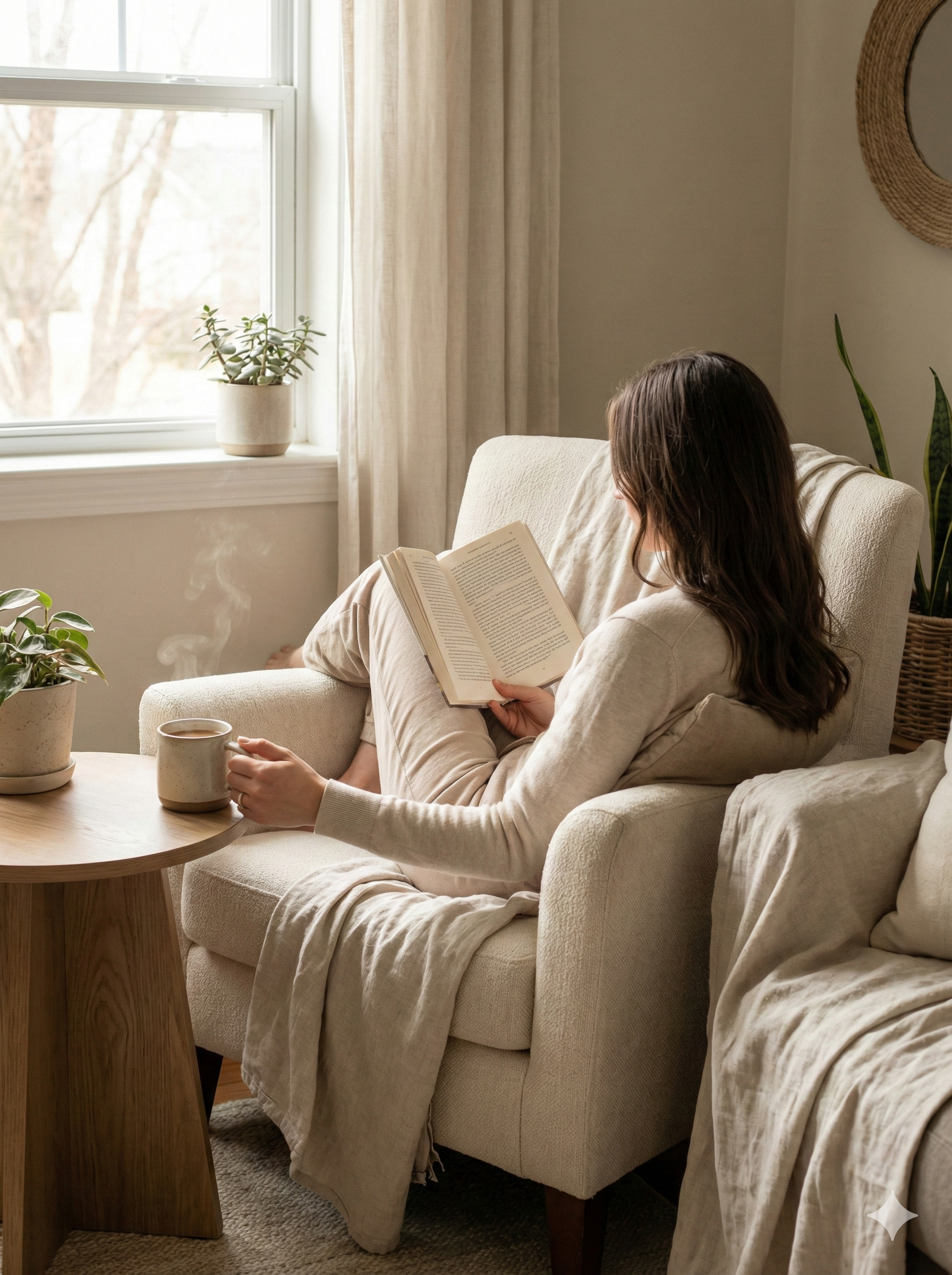 Pessoa lendo com uma xícara de café