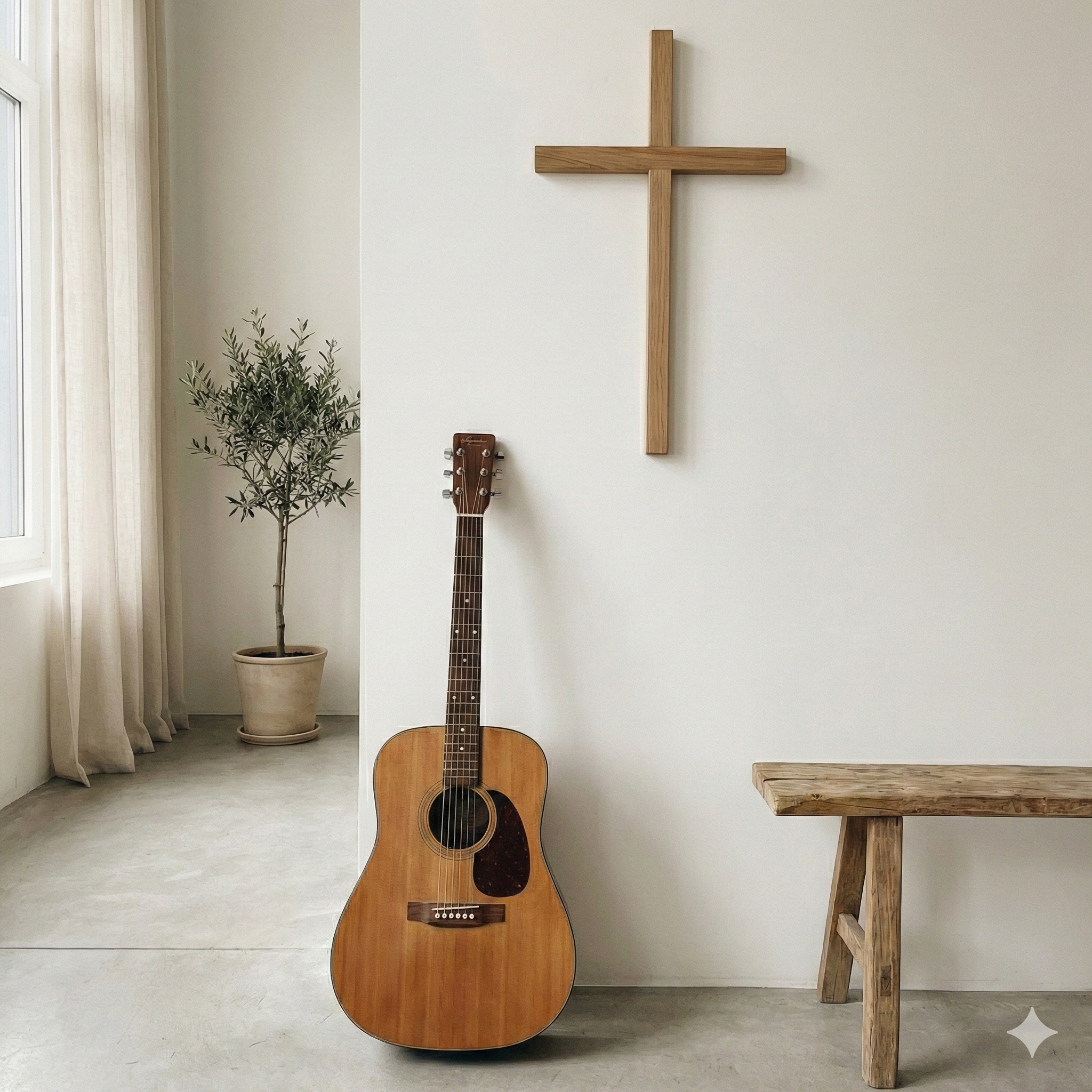 Violão e cruz em um ambiente minimalista