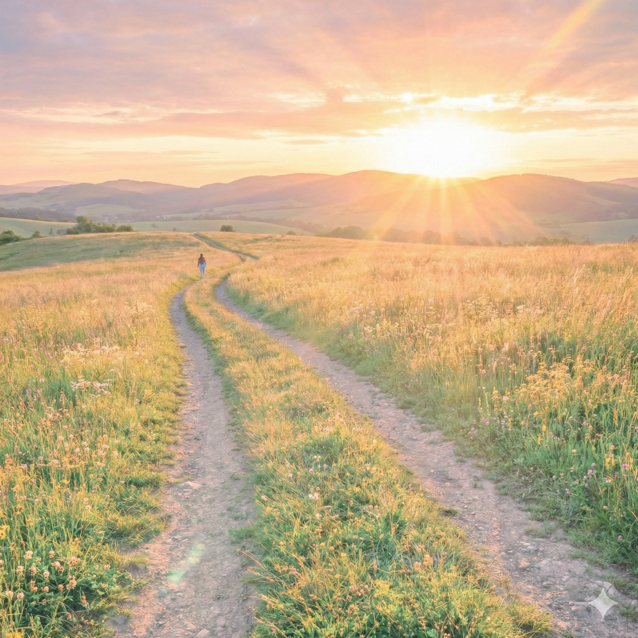 Caminho em um campo com luz no horizonte